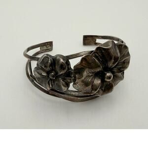 Vintage 40s Taxco Mexico Sterling Silver Repoussé Floral Cuff Bracelet
